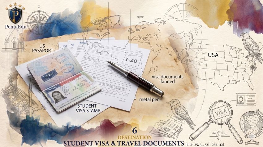 A professional photo of documents, a passport, and a pen - PentaEdu